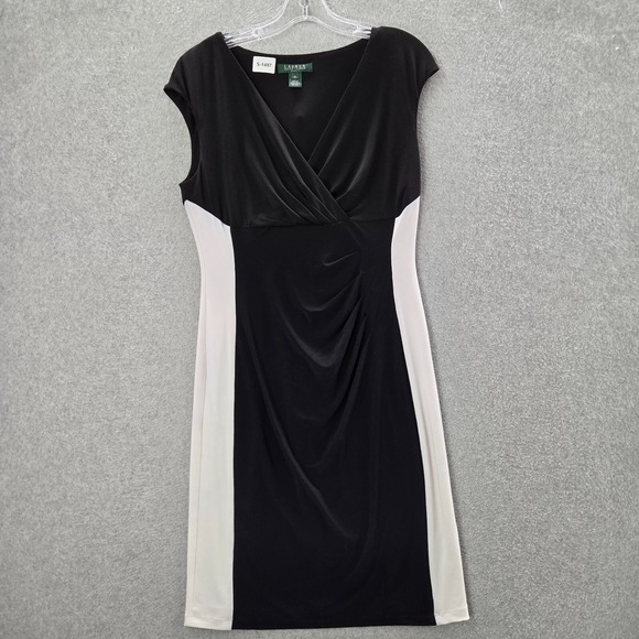 Lauren Ralph Lauren Women Dress 10 Black Body Con Colorblock V Neck Pullover - Picture 1 of 9
